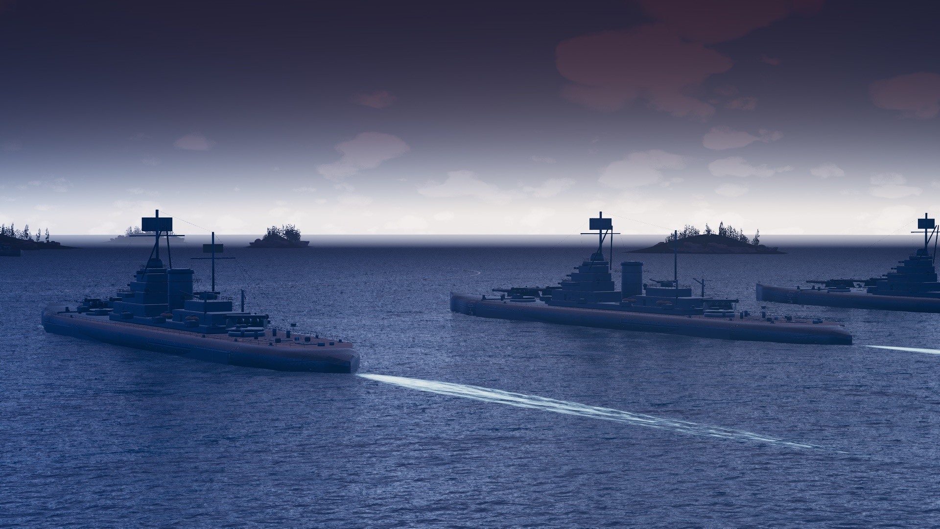 Three World War II battleships steaming in line at dusk, wake trailing behind the lead ship