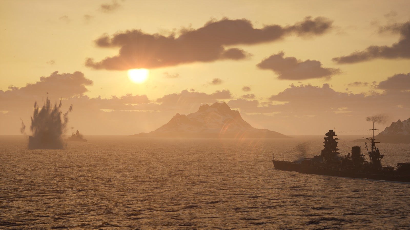 Battleship under way at sunset with a shell splash rising off the port bow