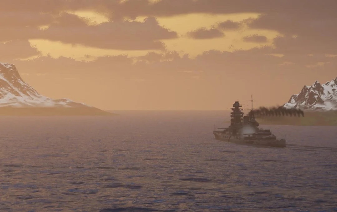 Battleship firing while transiting a fjord at dusk