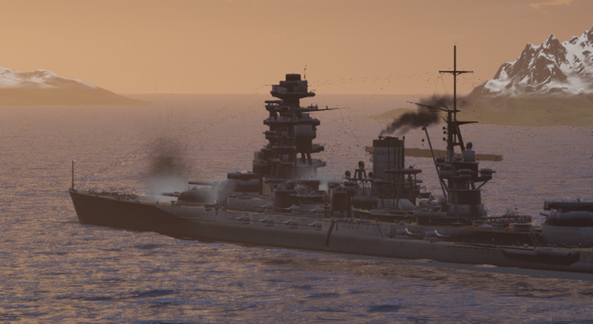 Broadside view of a battleship with anti-aircraft fire and funnel smoke