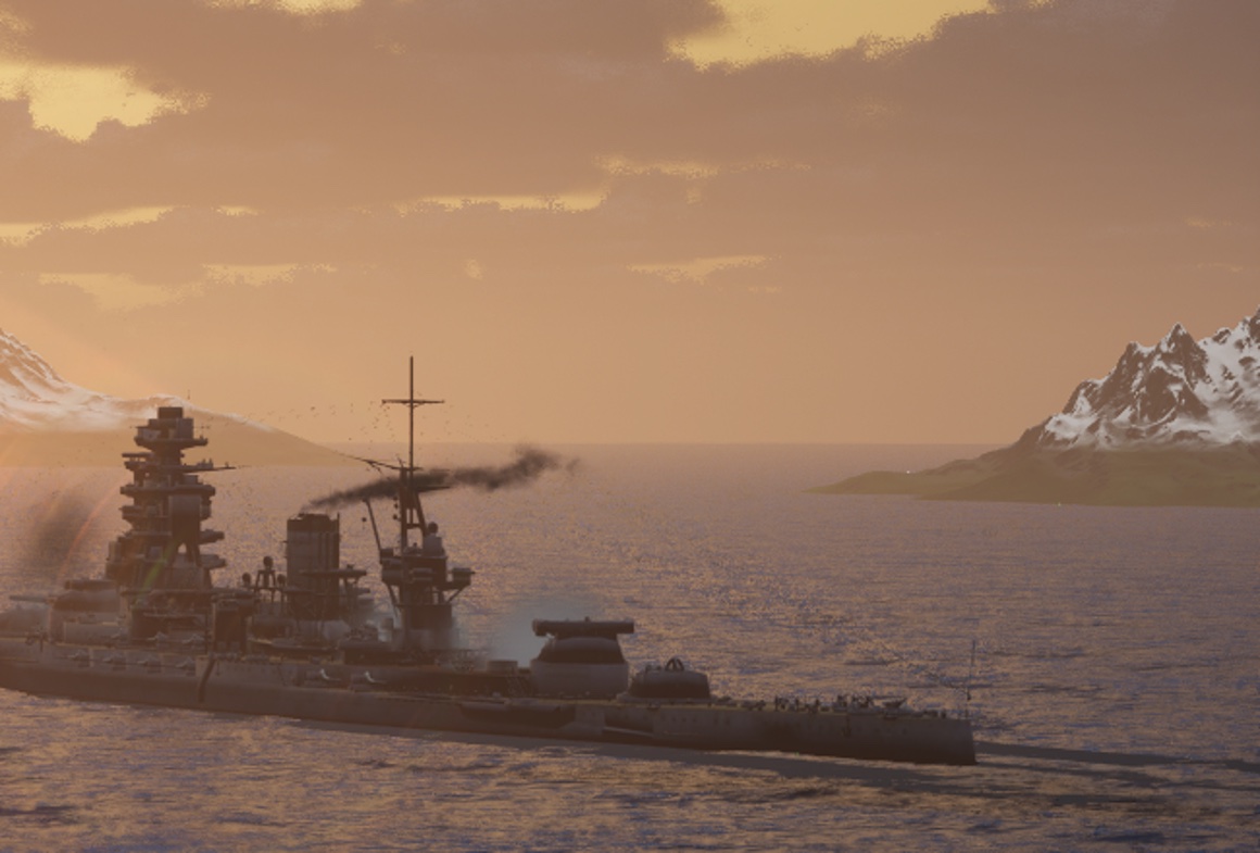 Battleship firing its main guns near a mountainous coastline